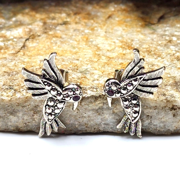 1994 Just For Spring Avon Hummingbird Earrings Faux Marcasite Pierced Amethyst - Picture 1 of 8